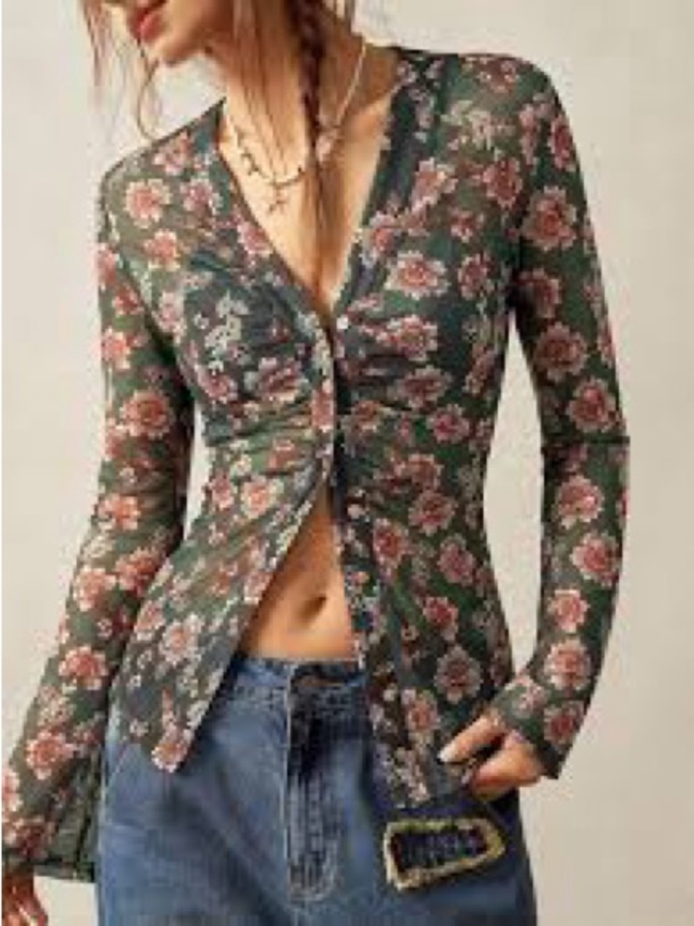 Floral Button-Front V-Neck Top in Green and Pink